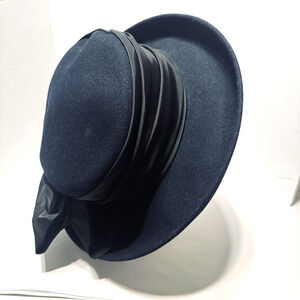 Eric Javits Womens Hat Navy Wool Satin black bow Fedora Church Dress wide brim